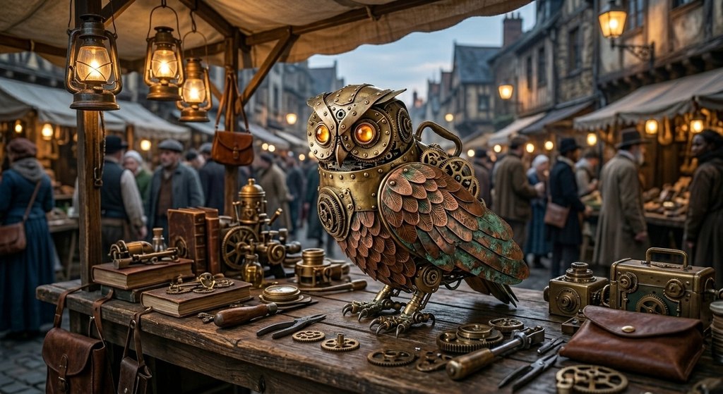 The same mechanical owl generated on another platform, proportions preserved