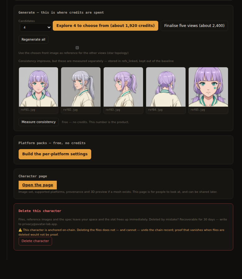 The reference set generated from the specification, per-platform packs, and the delete zone with its on-chain note
