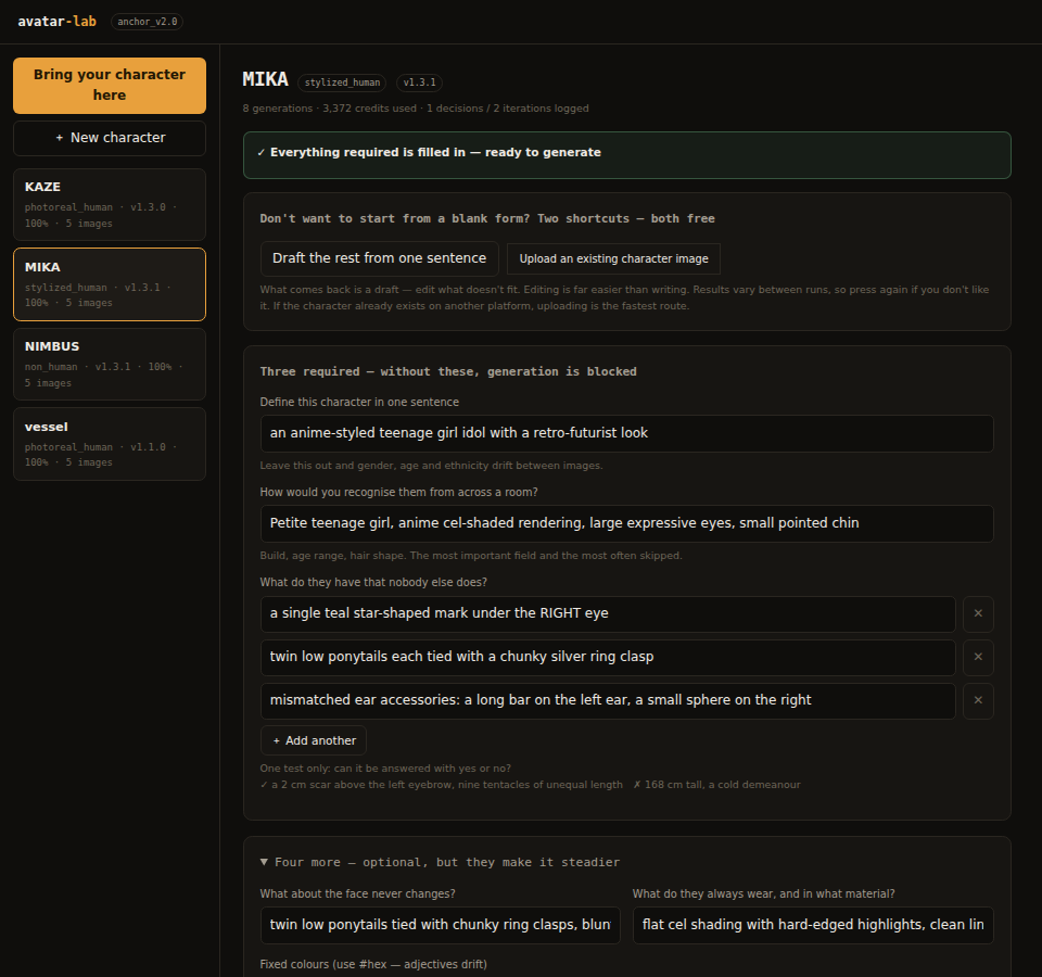 The workspace: a character pack open, specification fields and reference images visible